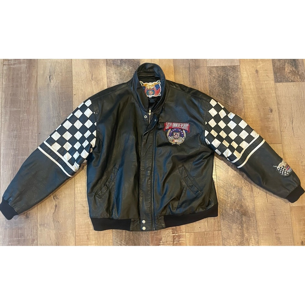 Jeff Hamilton NASCAR 50th Anniversary Black Leather Jacket Checkered Sleeves XL